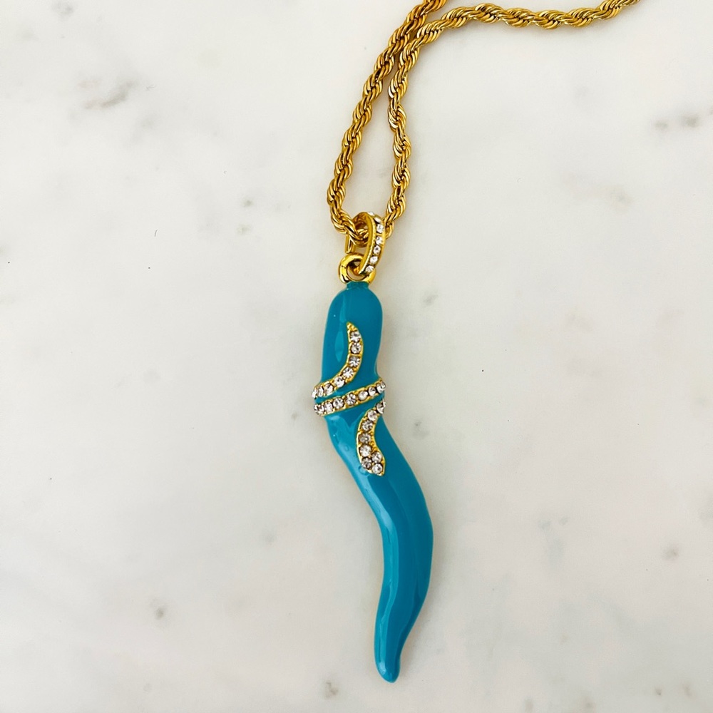 Kenneth Jay Lane Blue & Gold Snake Pendant Necklace Enamel & Golden Chain KJL